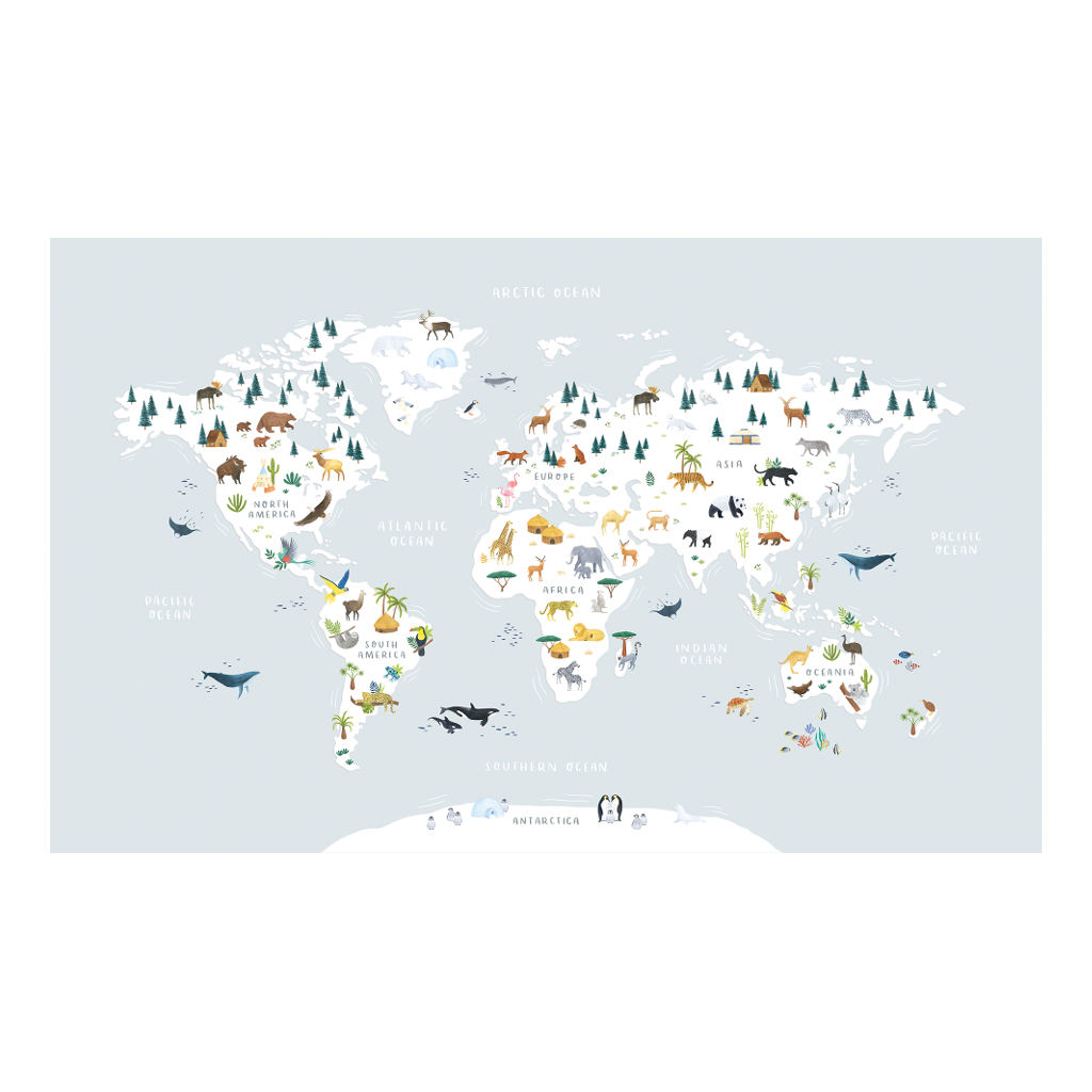 Animals World Map Lilipinso kinderbehang muurschildering 400 x 248 cm