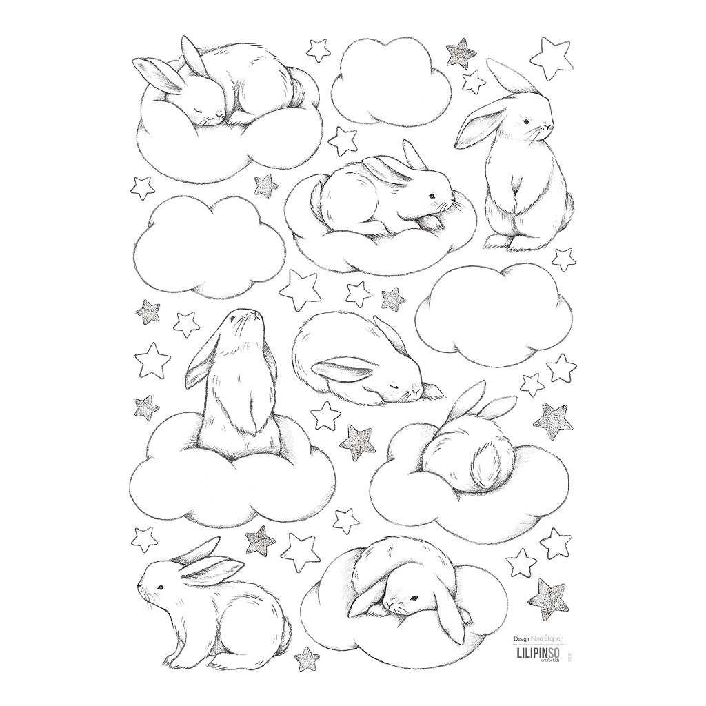 Bunnies, Clouds And Stars Lilipinso muursticker a3 29,7 x 42 cm