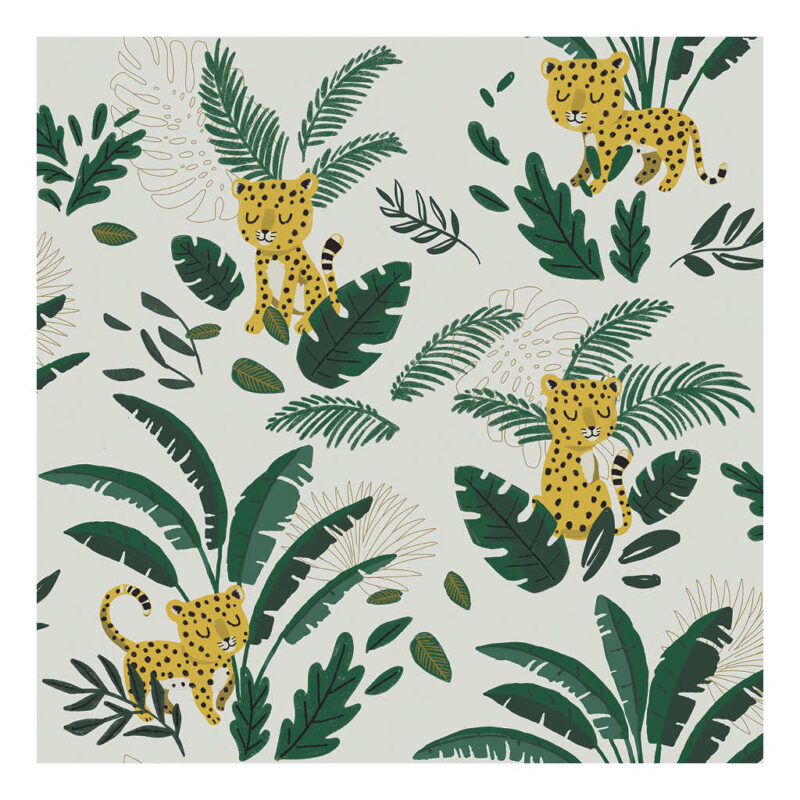 Cheetah & Tropical Leaves Light Green Background Lilipinso kinderbehang 50 cm x 10 m