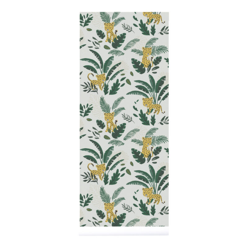 Cheetah & Tropical Leaves Light Green Background Lilipinso kinderbehang 50 cm x 10 m